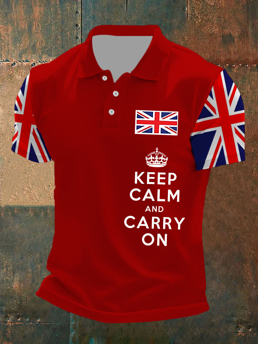 Men's Keep Calm and Carry On UK Flag Printed Casual POLO T-shirt
