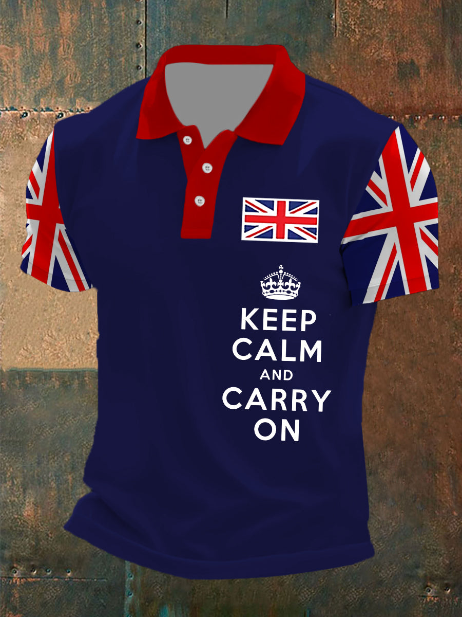 Men's Keep Calm and Carry On UK Flag Printed Casual POLO T-shirt