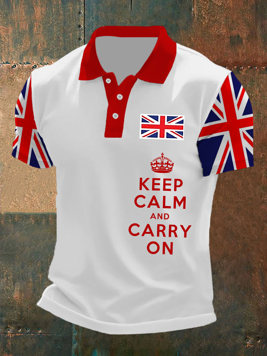 Men's Keep Calm and Carry On UK Flag Printed Casual POLO T-shirt