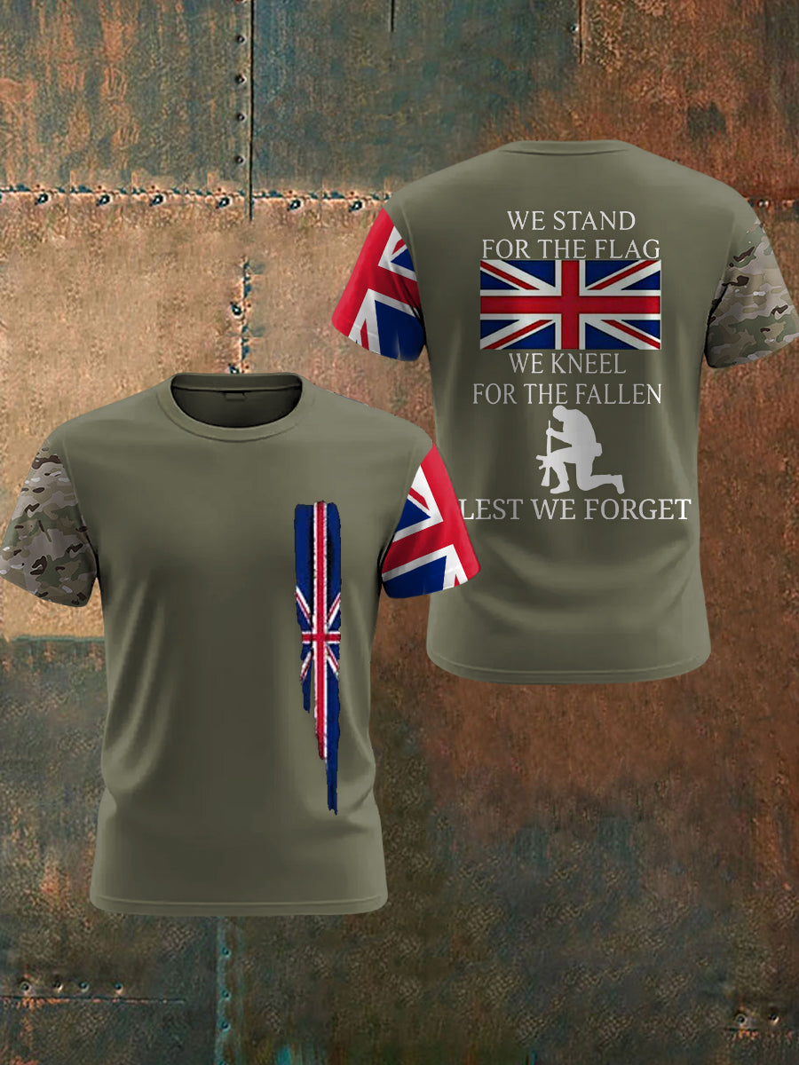 Men's We Stand For The Flag We Kneel For The Fallen Lest We Forget, UK Flag Camouflage Print Casual Tee