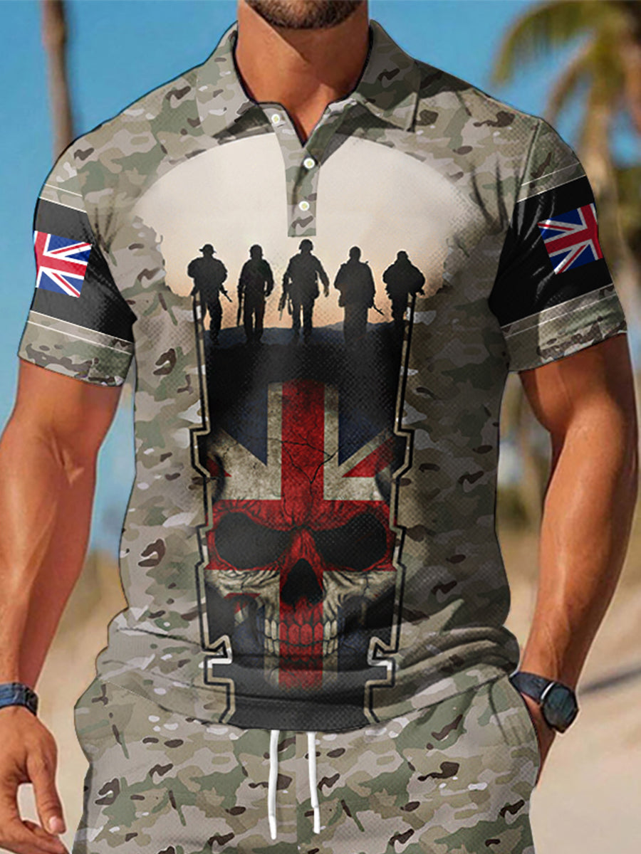 Men's UK Flag Camouflage Skull Print Casual Polo Two-Piece Set