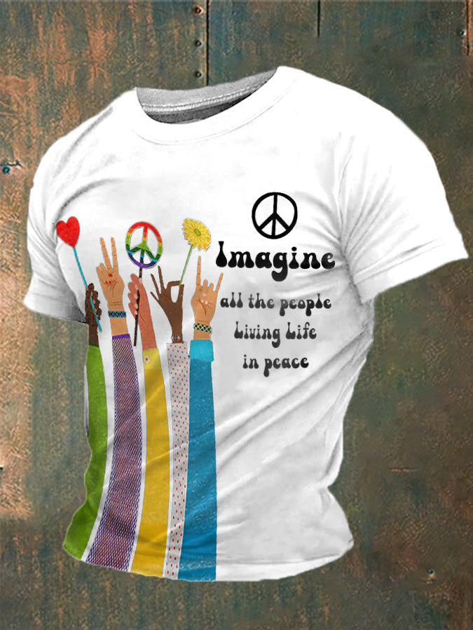 Men's Retro Music Band Imagine All The People Living Life In Peace Printed T-shirt