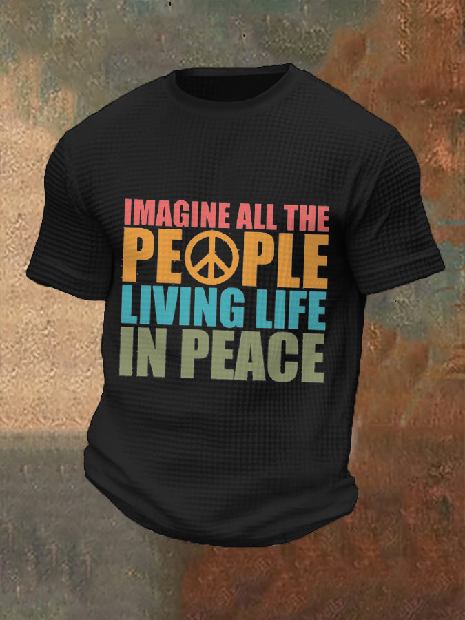 Men's Retro Music Band Imagine All The People Living Life In Peace Printed Waffle Top