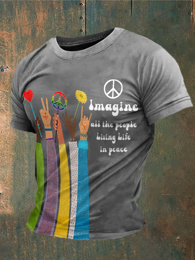 Men's Retro Music Band Imagine All The People Living Life In Peace Printed T-shirt