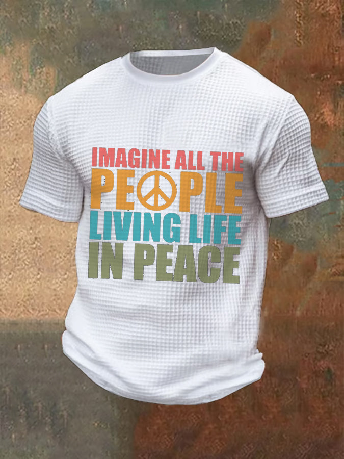 Men's Retro Music Band Imagine All The People Living Life In Peace Printed Waffle Top