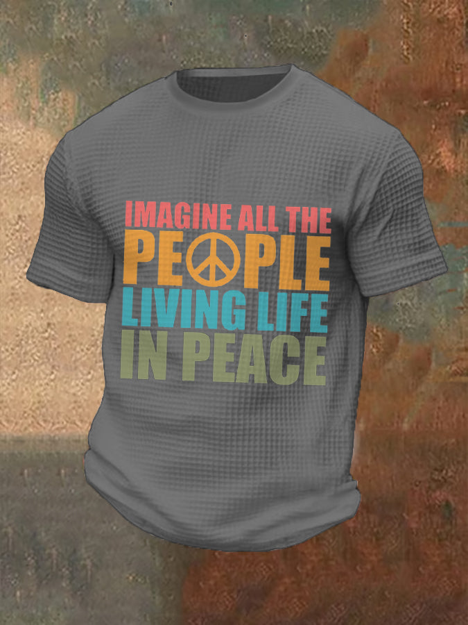 Men's Retro Music Band Imagine All The People Living Life In Peace Printed Waffle Top