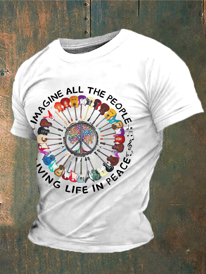 Men's Retro Music Band Imagine All The People Living Life In Peace Printed T-shirt
