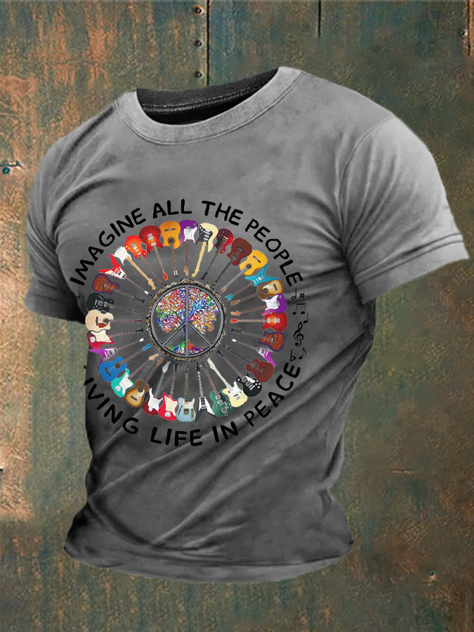 Men's Retro Music Band Imagine All The People Living Life In Peace Printed T-shirt