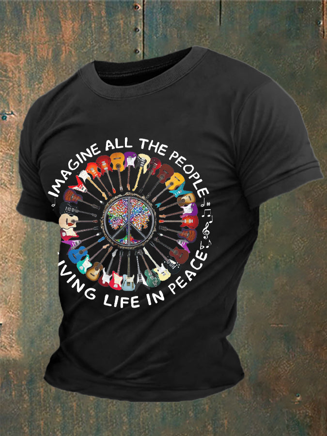 Men's Retro Music Band Imagine All The People Living Life In Peace Printed T-shirt