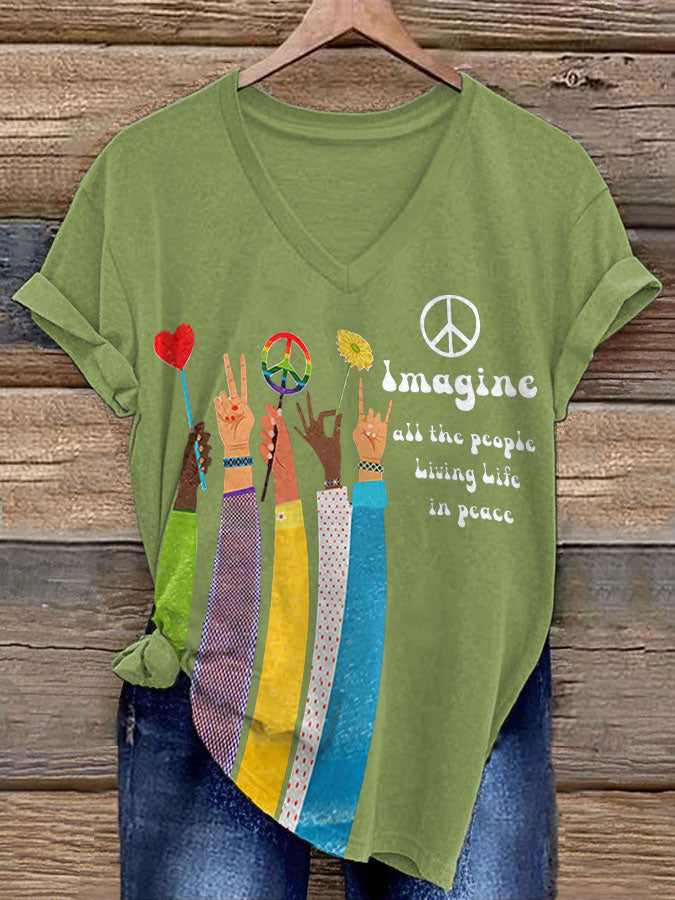 Women's Retro Music Band Imagine All The People Living Life In Peace Printed T-shirt