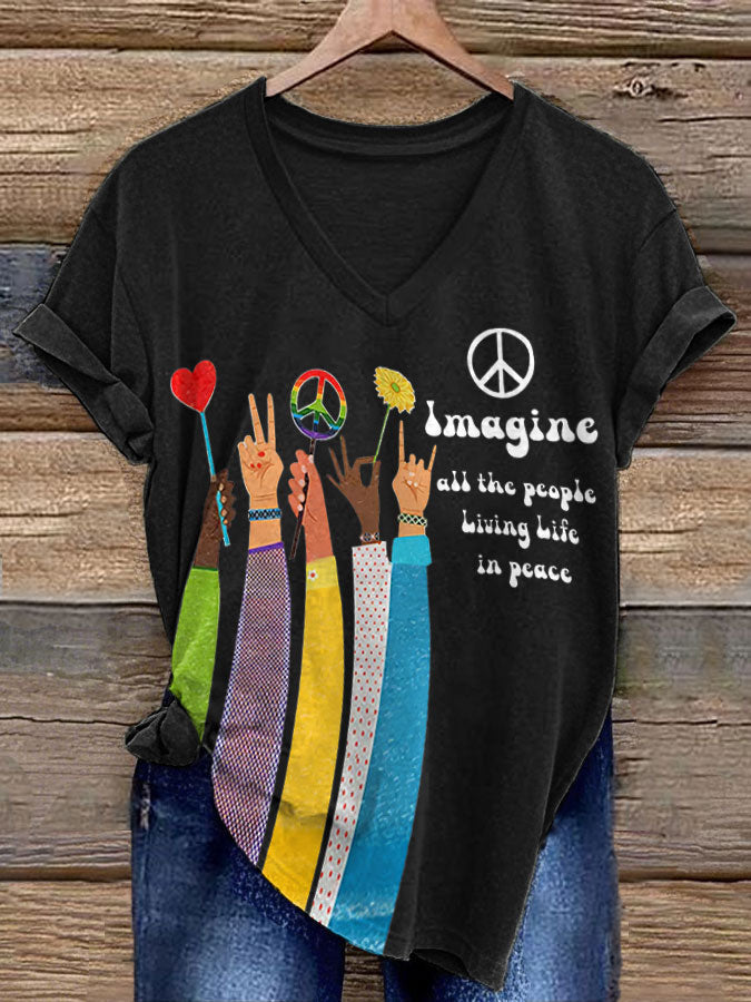 Women's Retro Music Band Imagine All The People Living Life In Peace Printed T-shirt