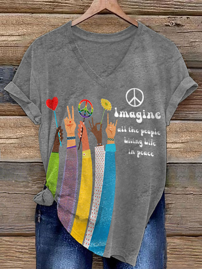 Women's Retro Music Band Imagine All The People Living Life In Peace Printed T-shirt