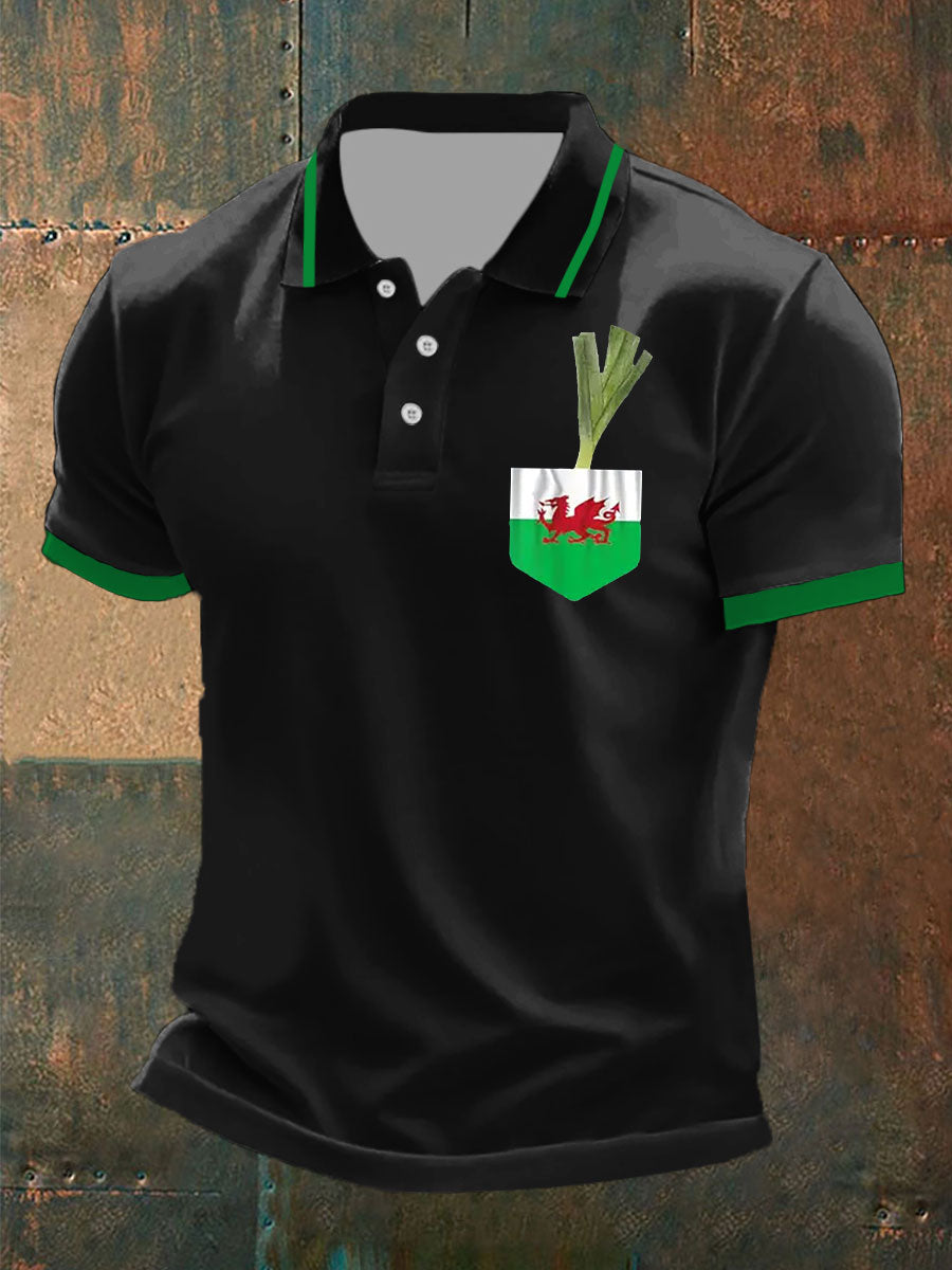 Men's Welsh Flag Casual Button T-Shirt