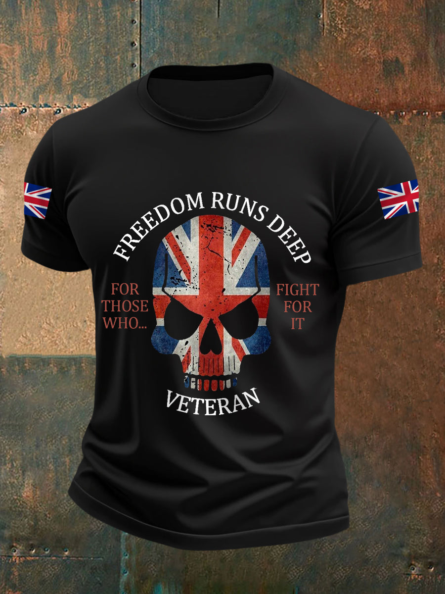 Men's Freedom Runs Deep For Those Who Fight For It, Veteran UK Flag Print Casual Tee