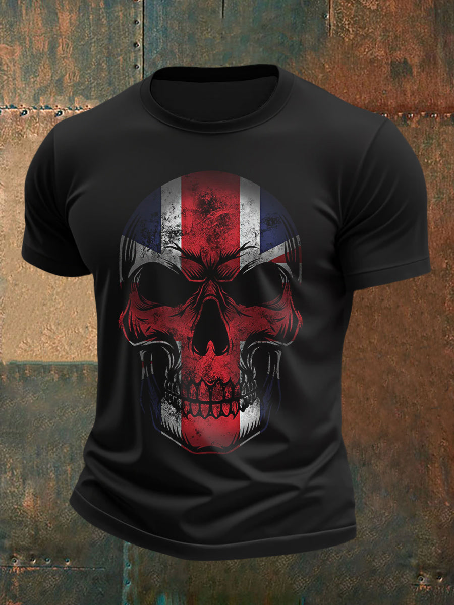 Men's UK Flag Skull Print Casual Tee