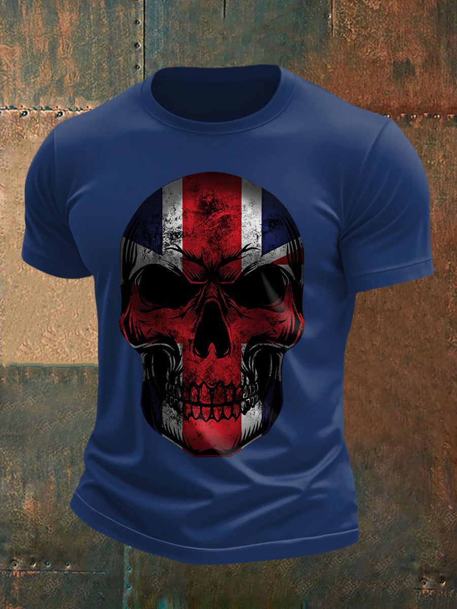 Men's UK Flag Skull Print Casual Tee