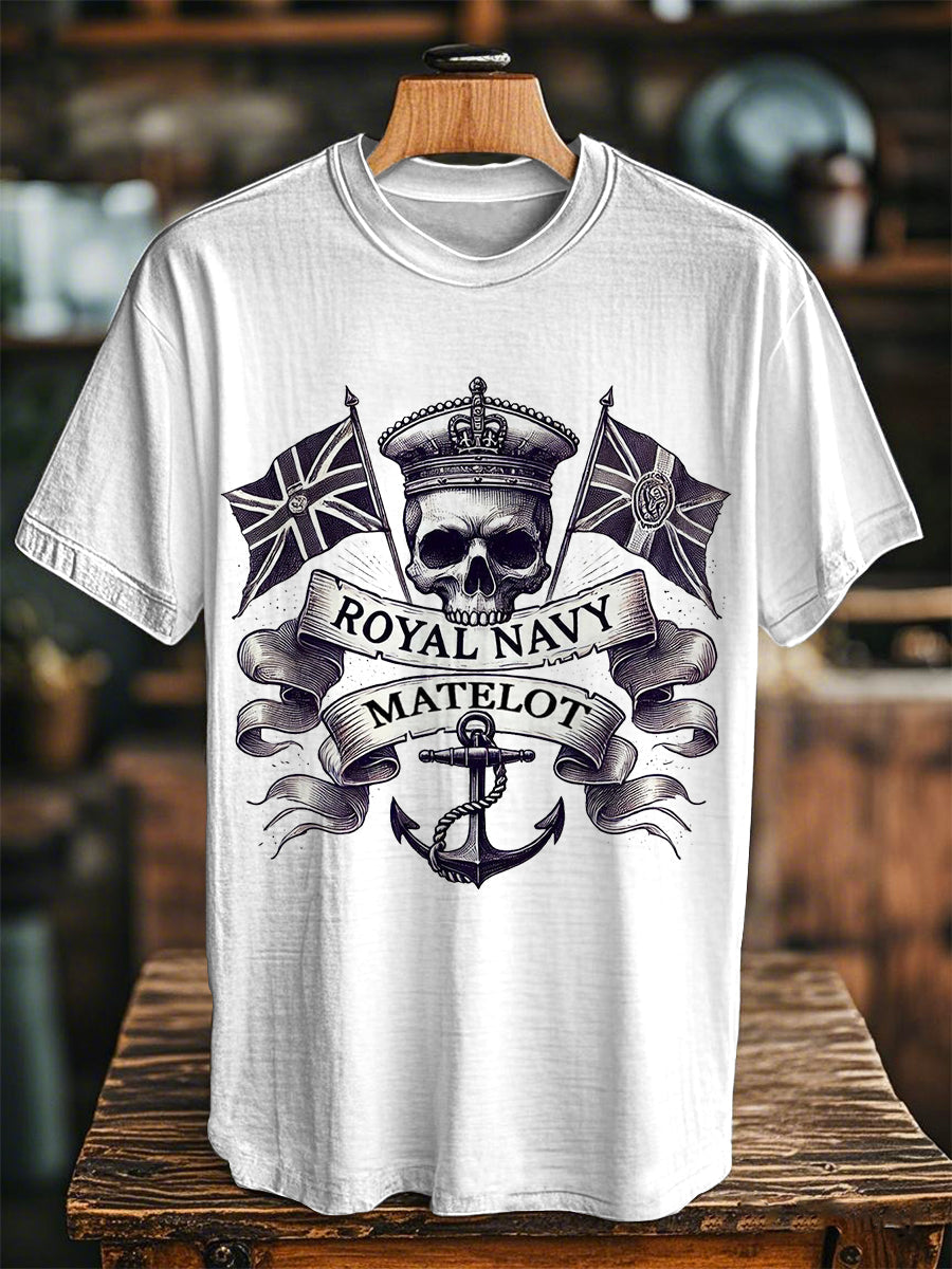 Unisex Vintage Royal Navy Matelot Skull Print Casual Tee