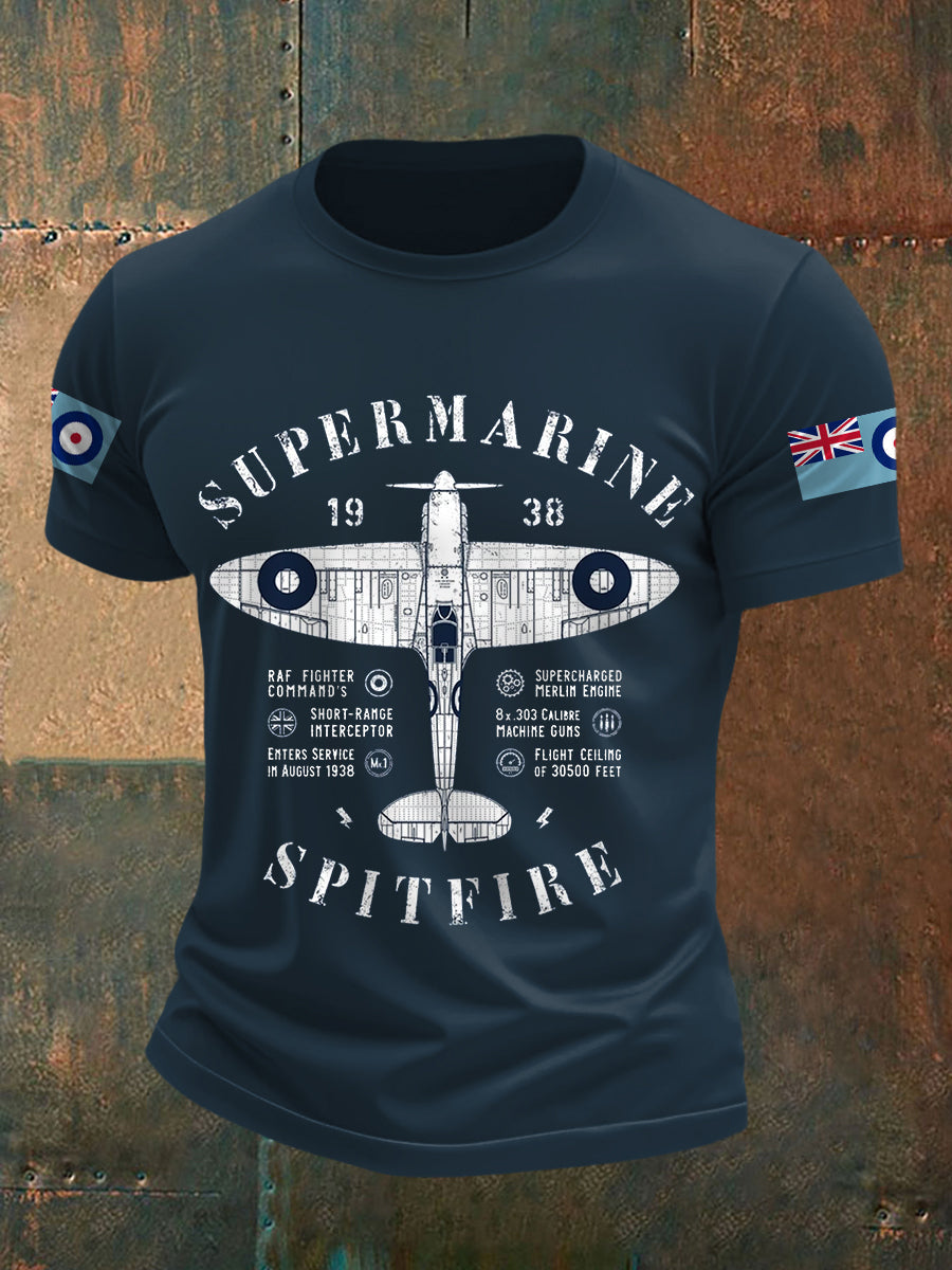 Men's Retro Legendary Fighter Supermarine Spitfire Print Casual Tee
