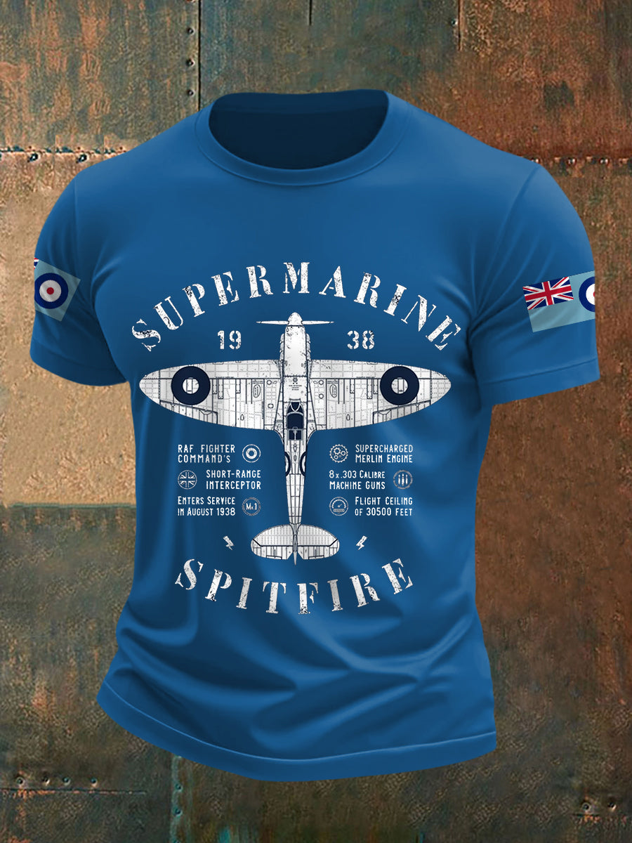 Men's Retro Legendary Fighter Supermarine Spitfire Print Casual Tee