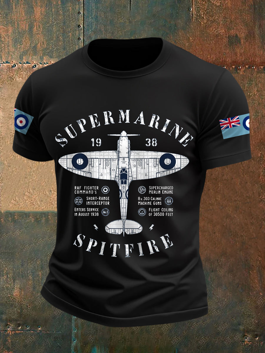 Men's Retro Legendary Fighter Supermarine Spitfire Print Casual Tee