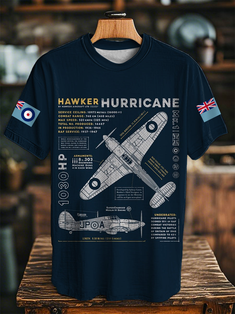 Unisex Retro Fighter Hawker Hurricane Print Casual Tee