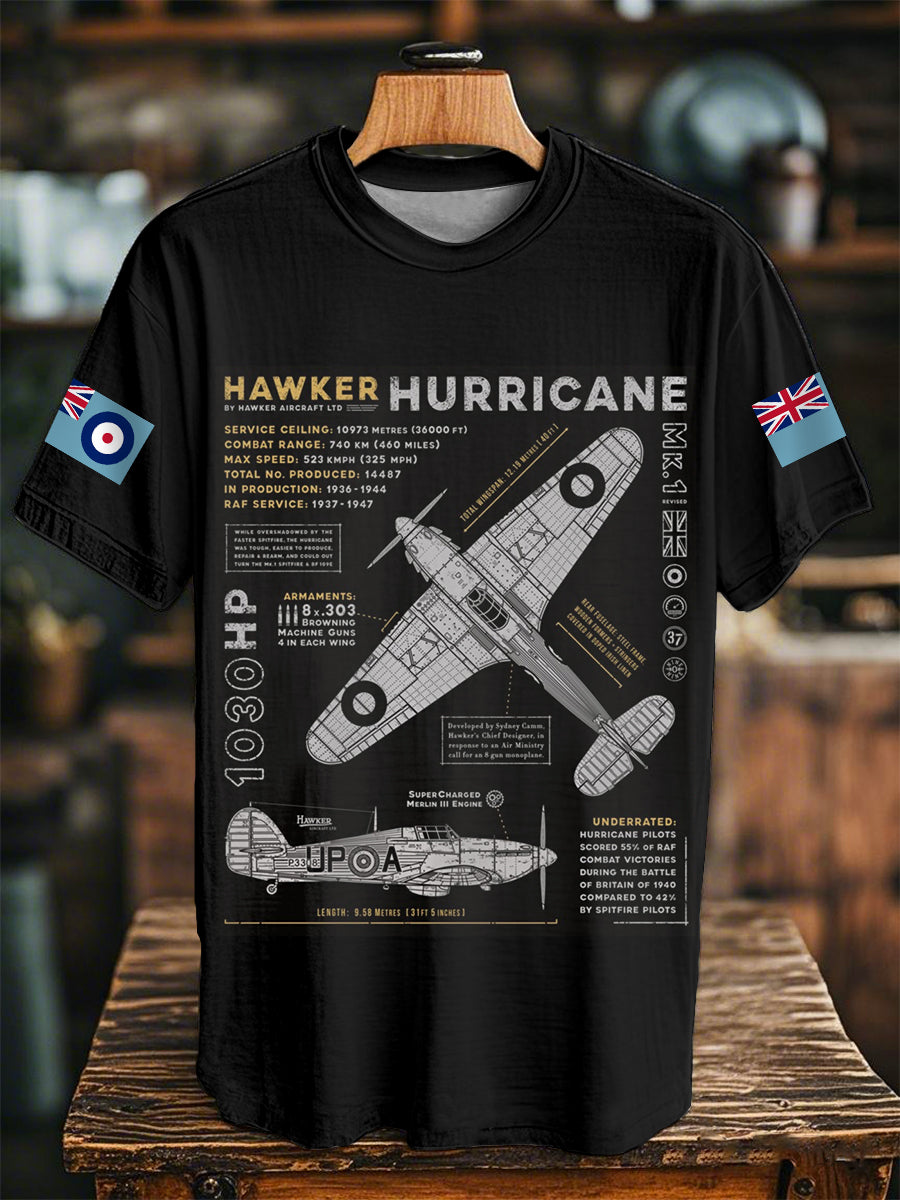 Unisex Retro Fighter Hawker Hurricane Print Casual Tee