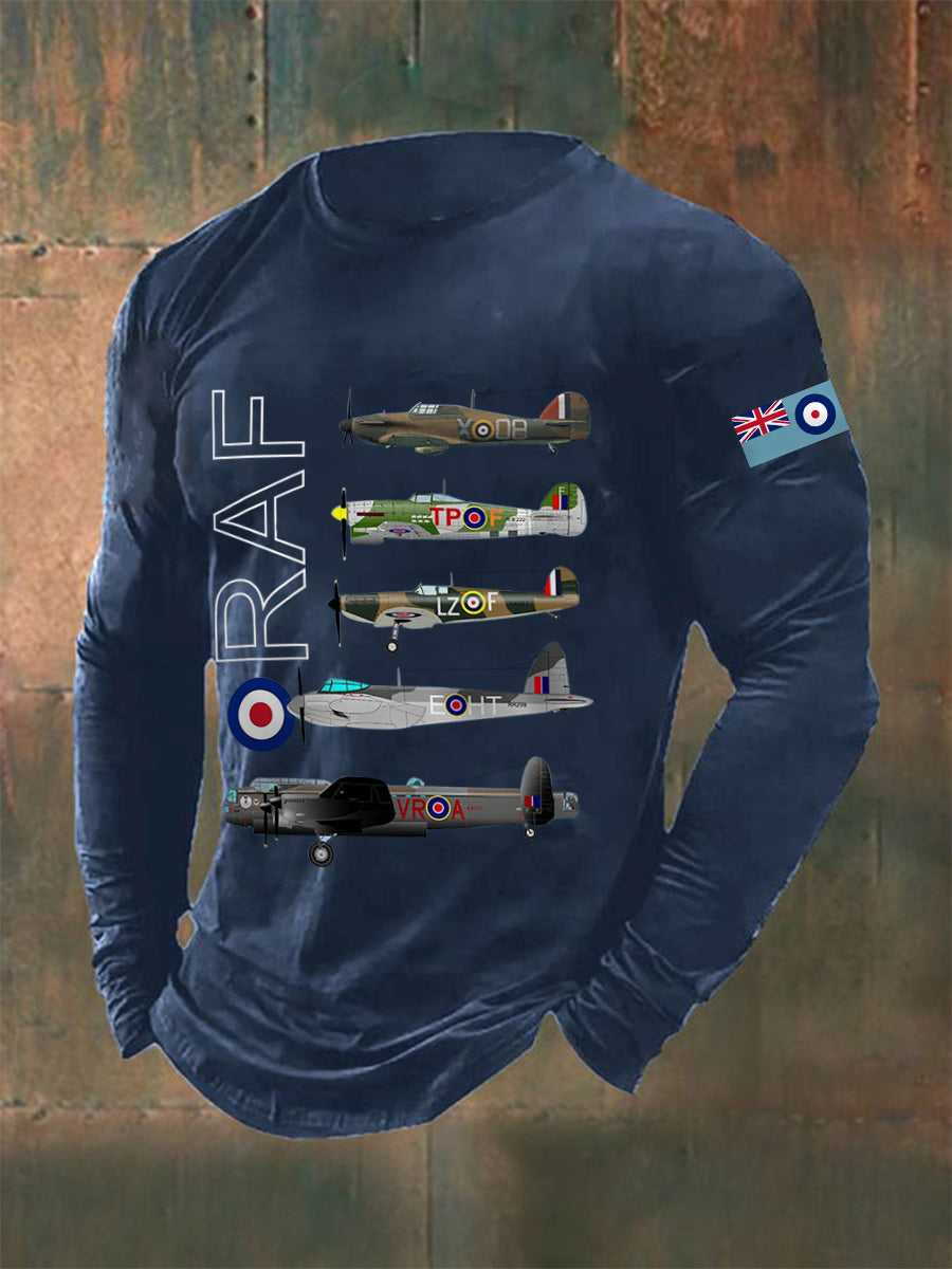 Men's Vintage Spitfire Lancaster Typhoon Hurricane Mosquito Print Casual Long-Sleeve Tee