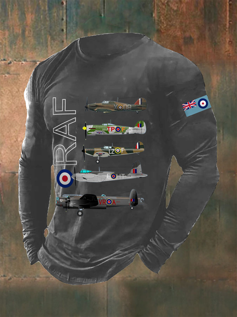Men's Vintage Spitfire Lancaster Typhoon Hurricane Mosquito Print Casual Long-Sleeve Tee