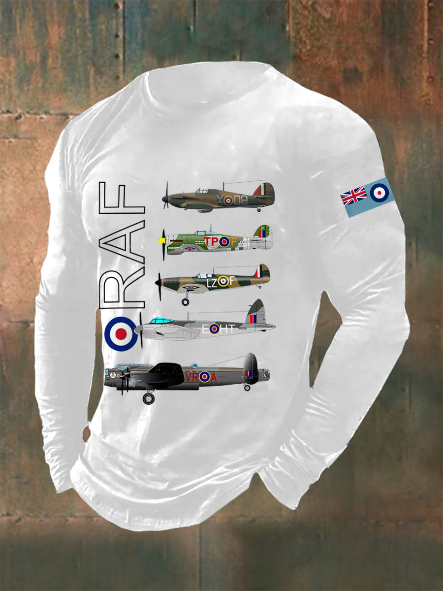 Men's Vintage Spitfire Lancaster Typhoon Hurricane Mosquito Print Casual Long-Sleeve Tee