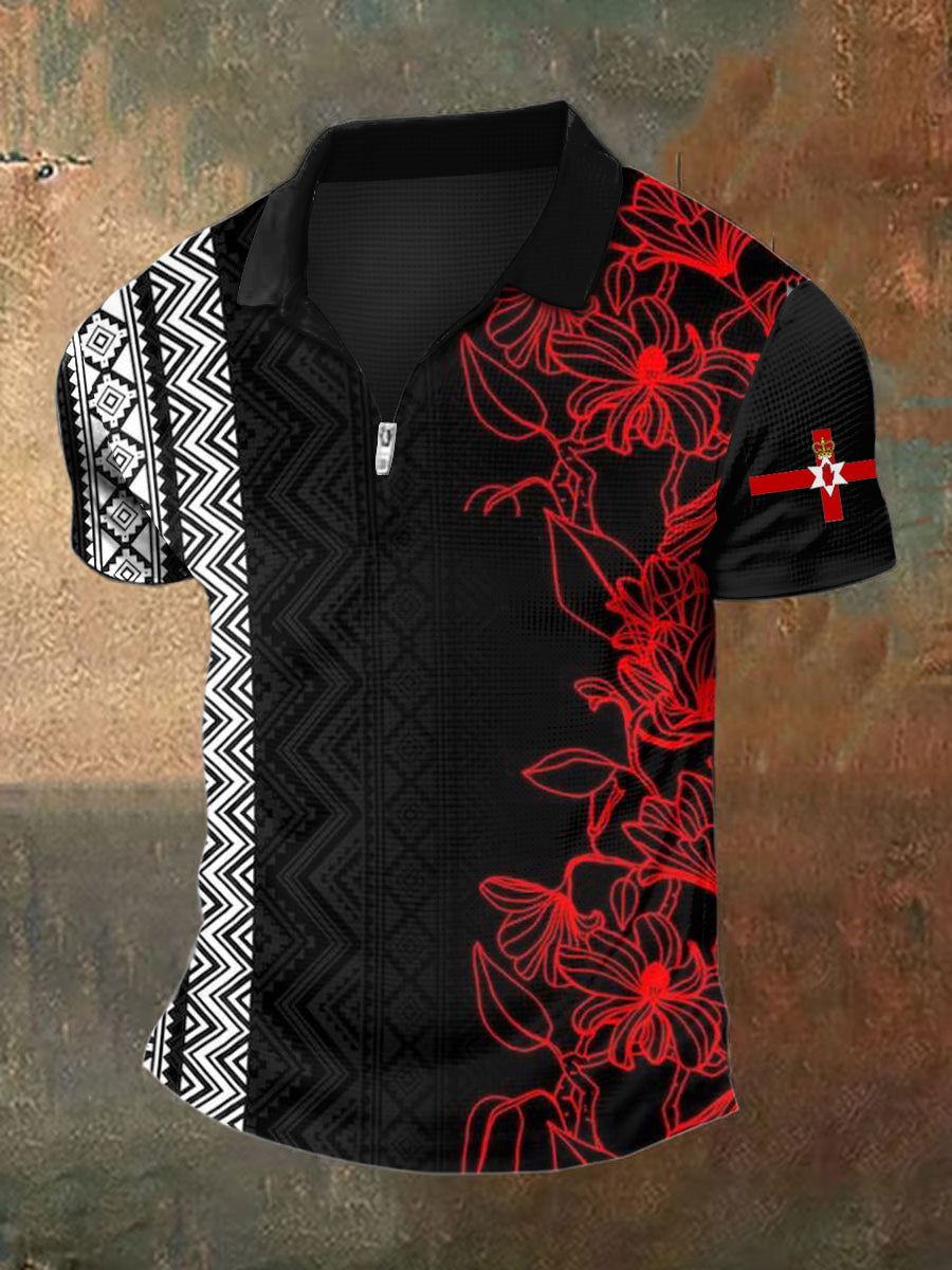 Men's Northern Ireland Print Polo Neck Plunger Short Sleeve T-Shirt