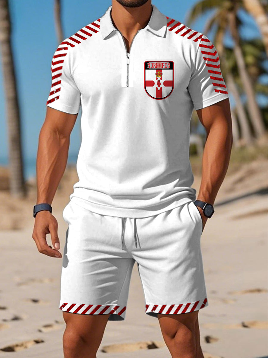 Men's Northern Ireland Printed Polo Zipper Collar Short Sleeve Shorts Set