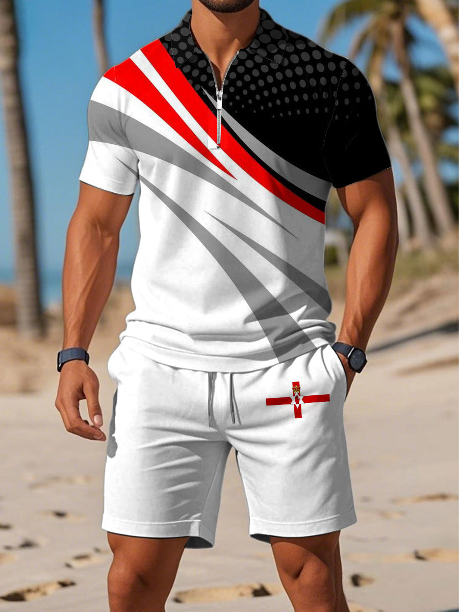 Men's Northern Ireland Printed Polo Zipper Collar Short Sleeve Shorts Set