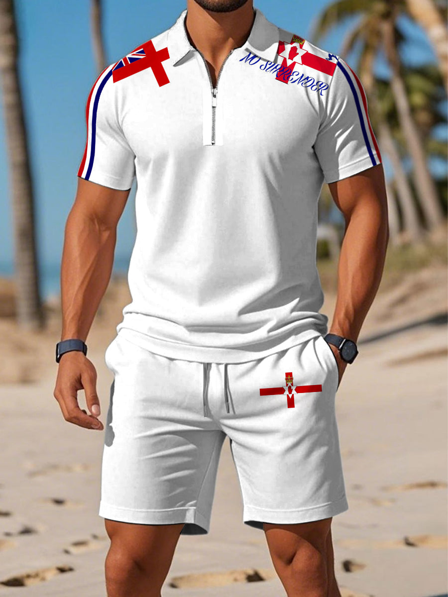 Men's Northern Ireland Printed Polo Zipper Collar Short Sleeve Shorts Set