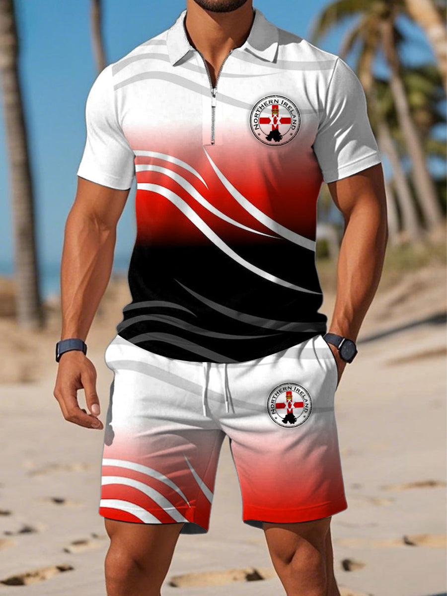 Men's Northern Ireland Printed Polo Zipper Collar Short Sleeve Shorts Set