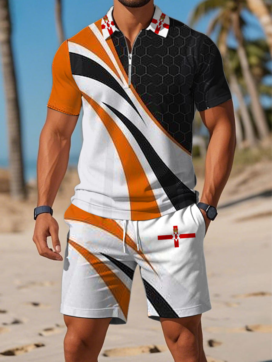 Men's Northern Ireland Printed Polo Zipper Collar Short Sleeve Shorts Set