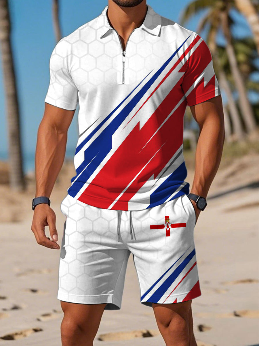 Men's Northern Ireland Printed Polo Zipper Collar Short Sleeve Shorts Set