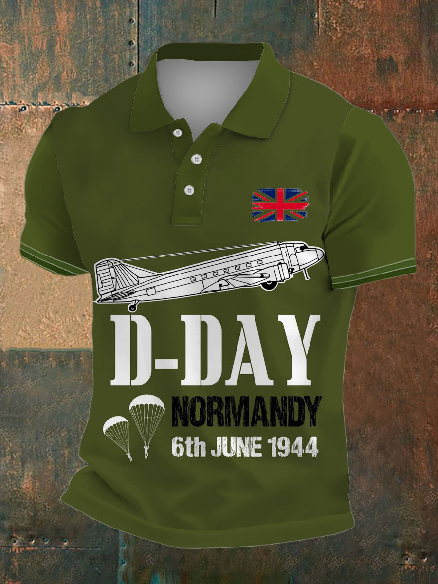 Men's Normandy Invasion Print Polo Collar Casual Short Sleeved Shirt