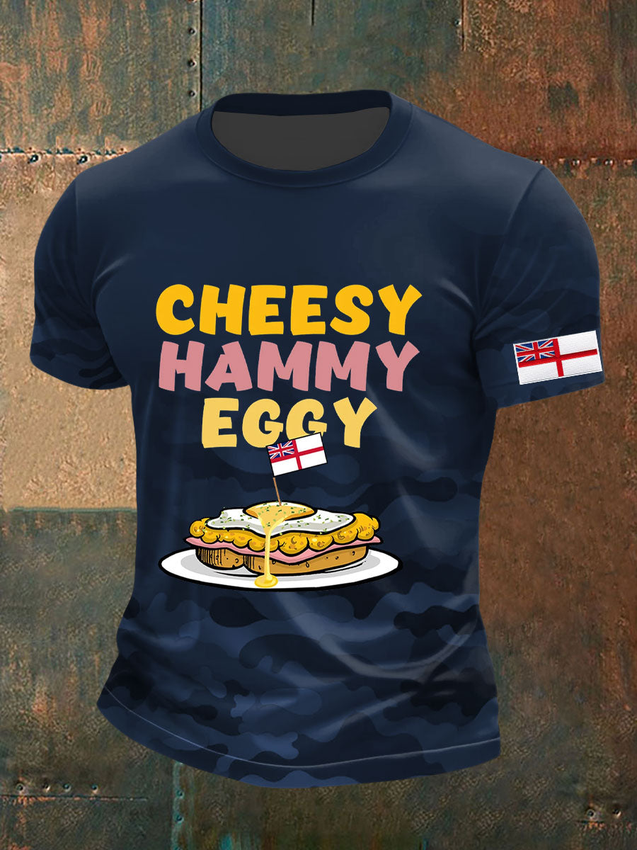 Men's Navy Veteran Cheesy Hammy Eggy Printed T-shirt