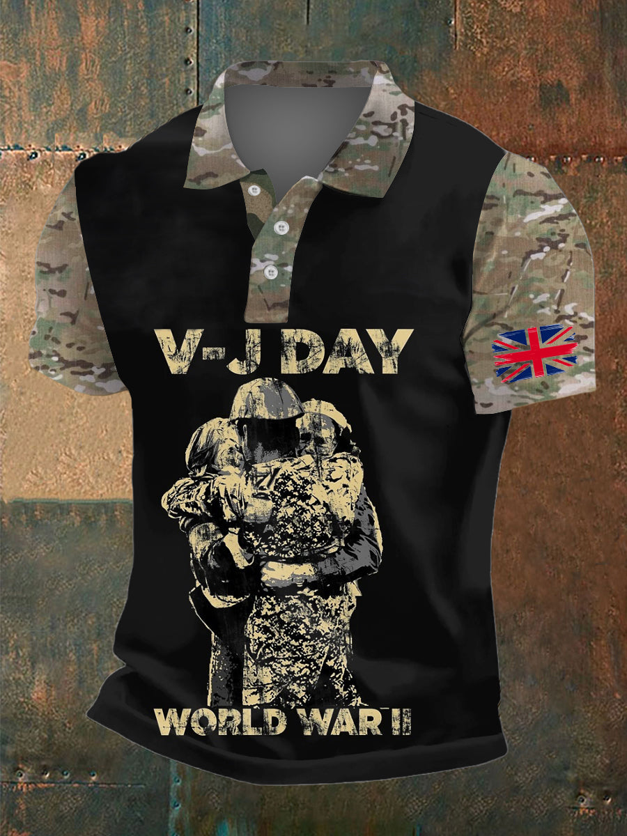 Men's V-J Day Print Polo Collar Casual Short Sleeved Shirt