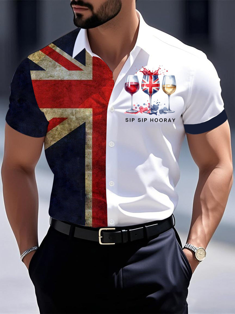 Men's Sip Sip Hooray British Wine Glasses Short Sleeve Shirt