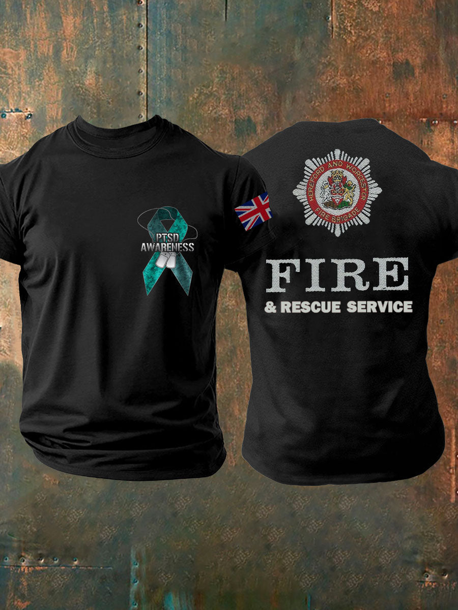 Men's PTSD Awareness Veteran Fire Survice Printed T-shirt