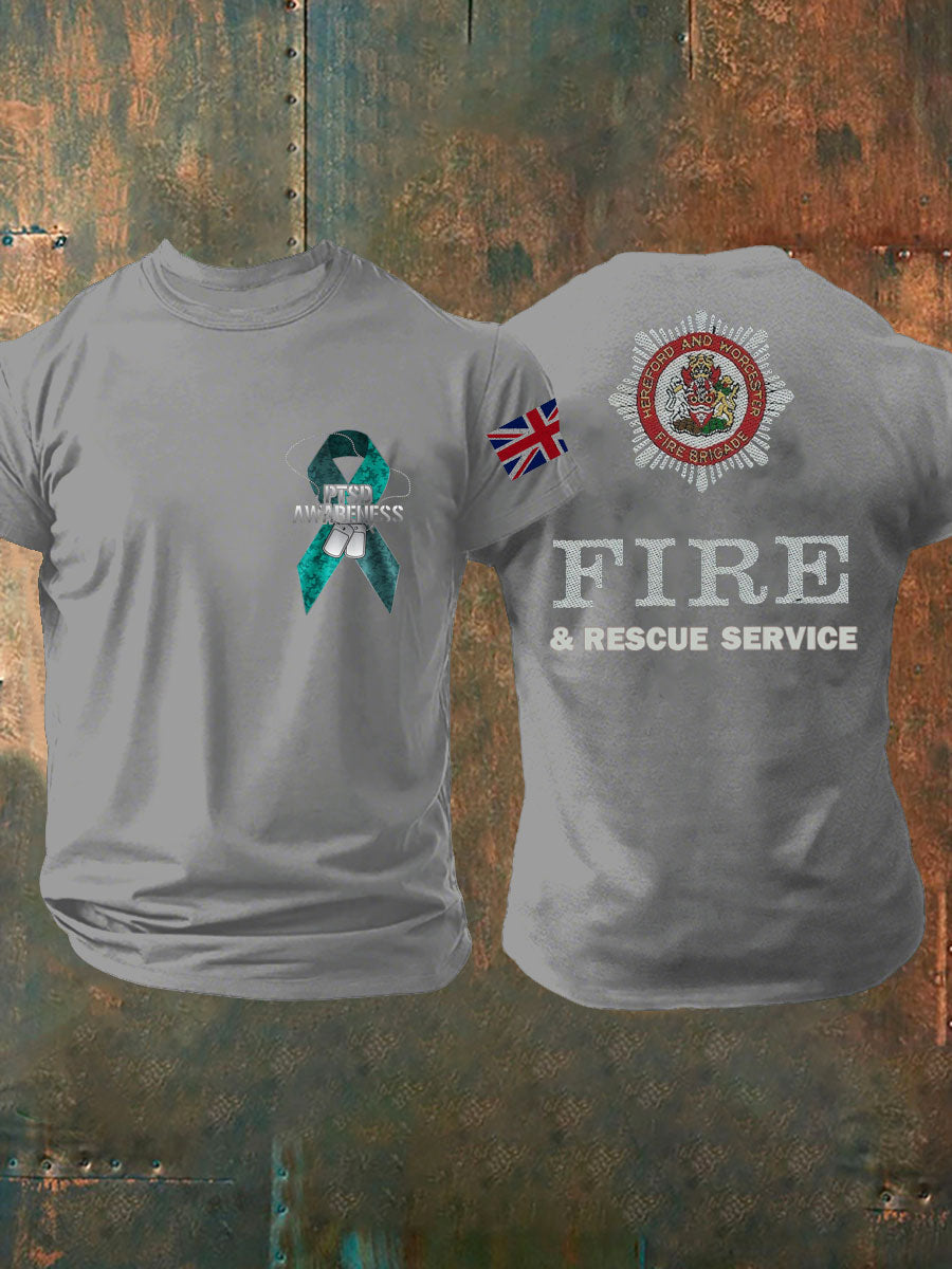 Men's PTSD Awareness Veteran Fire Survice Printed T-shirt