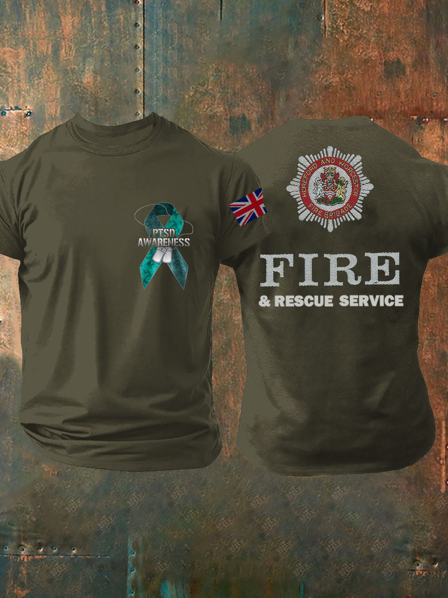 Men's PTSD Awareness Veteran Fire Survice Printed T-shirt