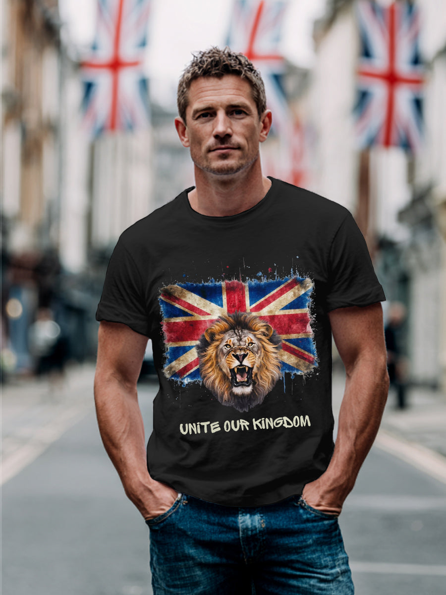 Men's Unite Our Kingdom UK Flag Lion Print Casual Tee