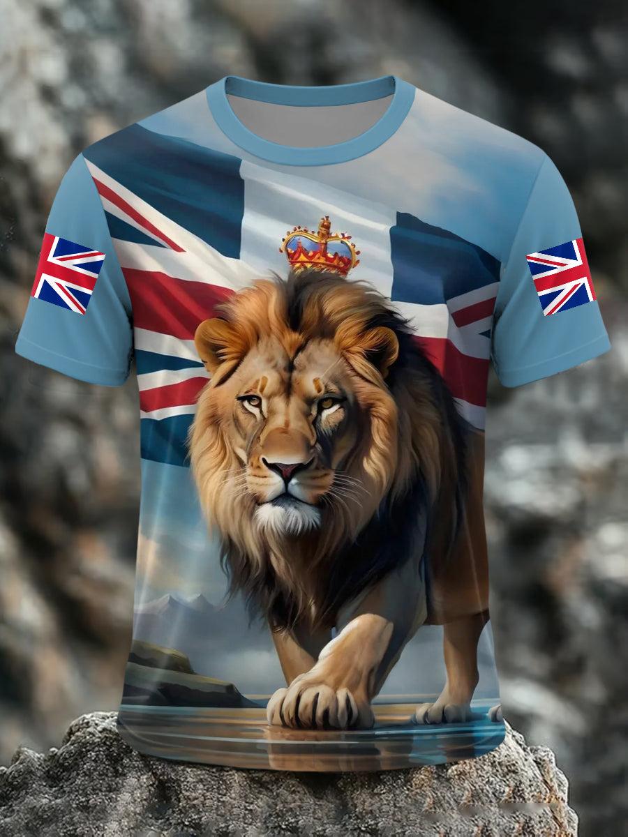Men's Union Jack Lion Print Casual Tee