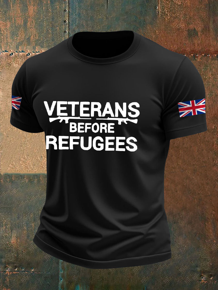 Men's UK Flag Veterans Before Refugees Printed T-shirt