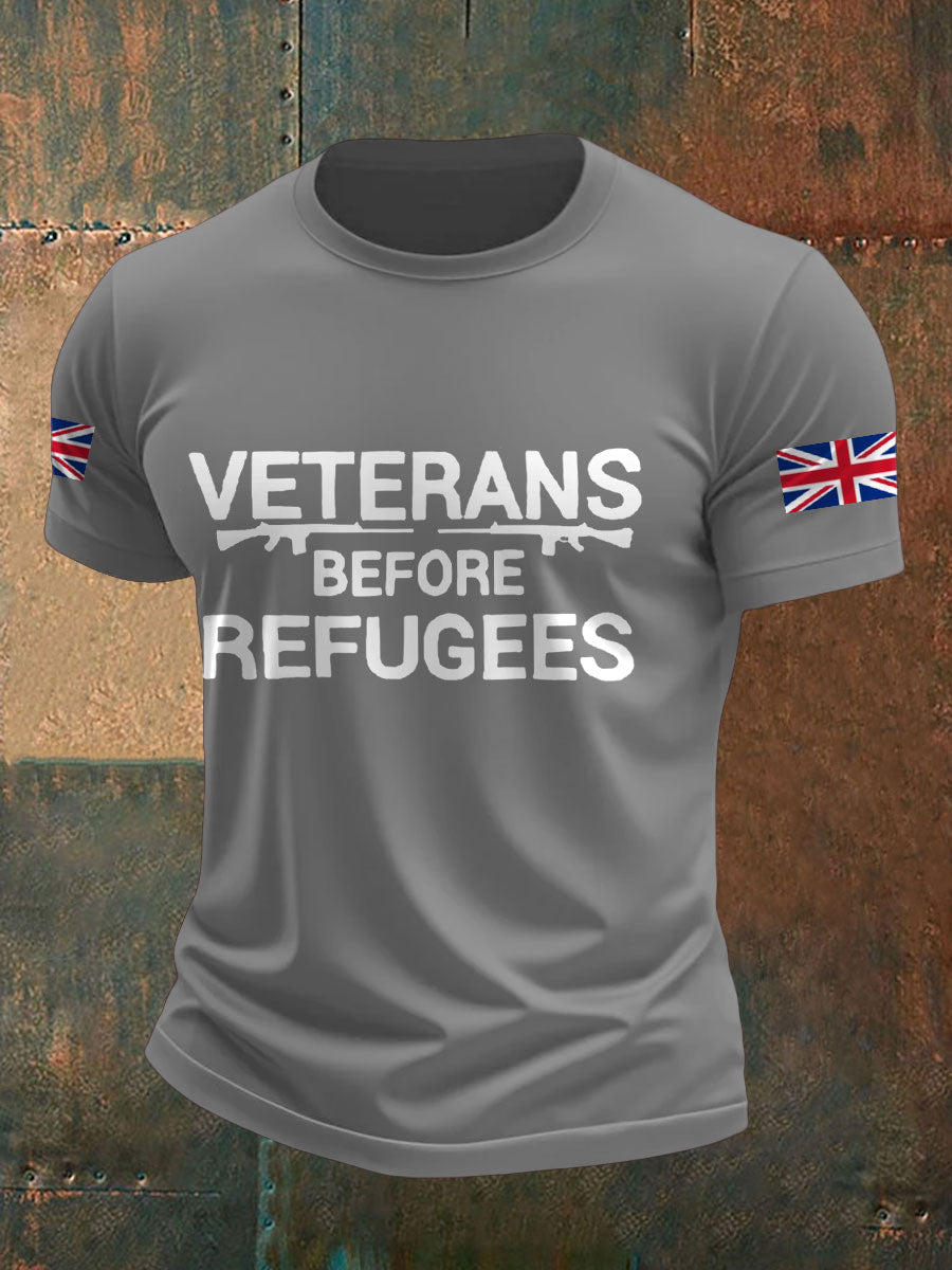Men's UK Flag Veterans Before Refugees Printed T-shirt