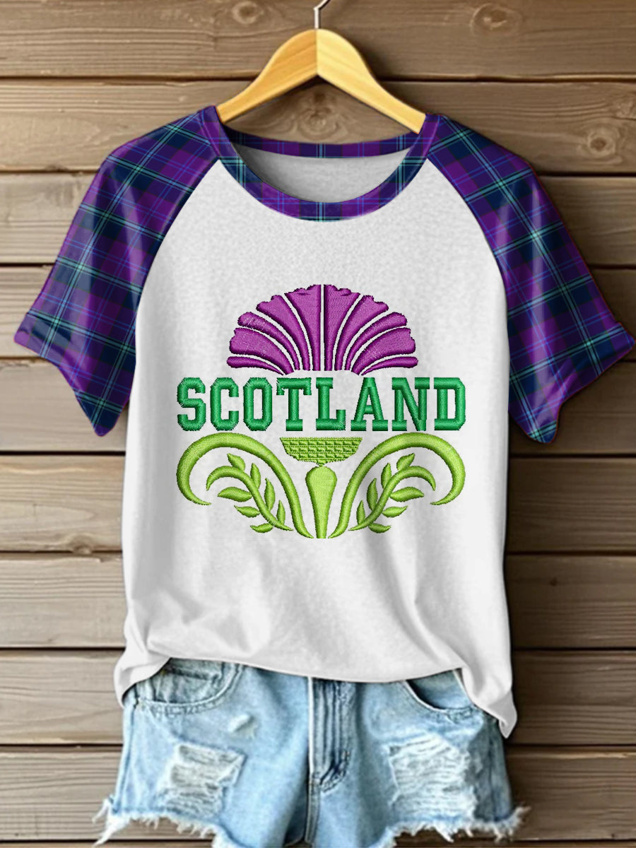 Scotland Tartan Thistle Printed Vintage Fashion Loose Short Sleeve T-Shirt