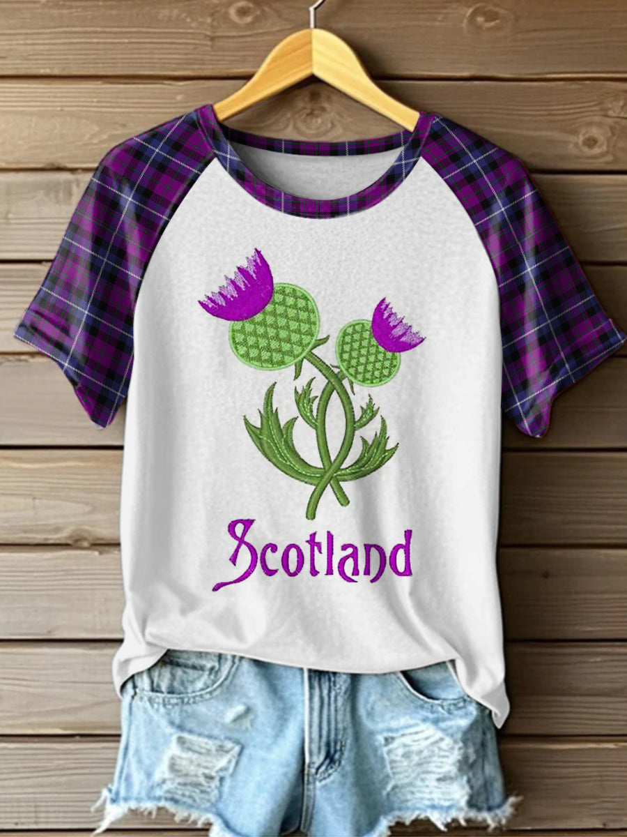 Scotland Tartan Thistle Printed Vintage Fashion Loose Short Sleeve T-Shirt