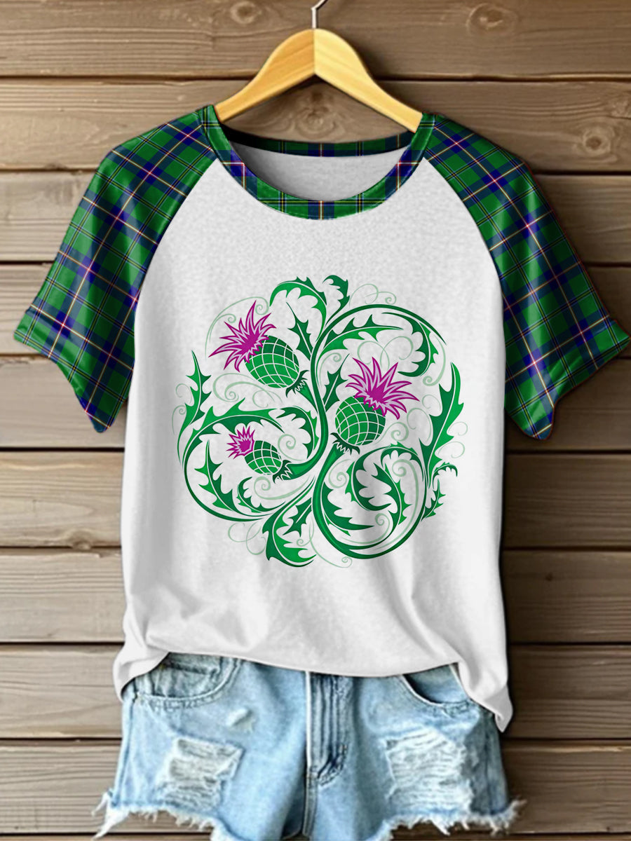 Scotland Tartan Thistle Printed Vintage Fashion Loose Short Sleeve T-Shirt